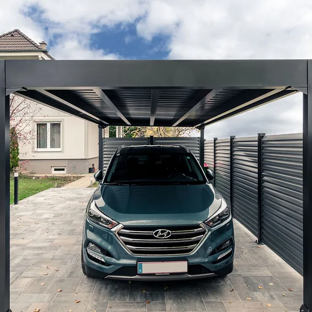 Ein Auto steht unter einem Carport geparkt.