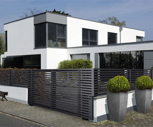 Modernes Haus mit einem Kater, der am Zaun entlanggeht.